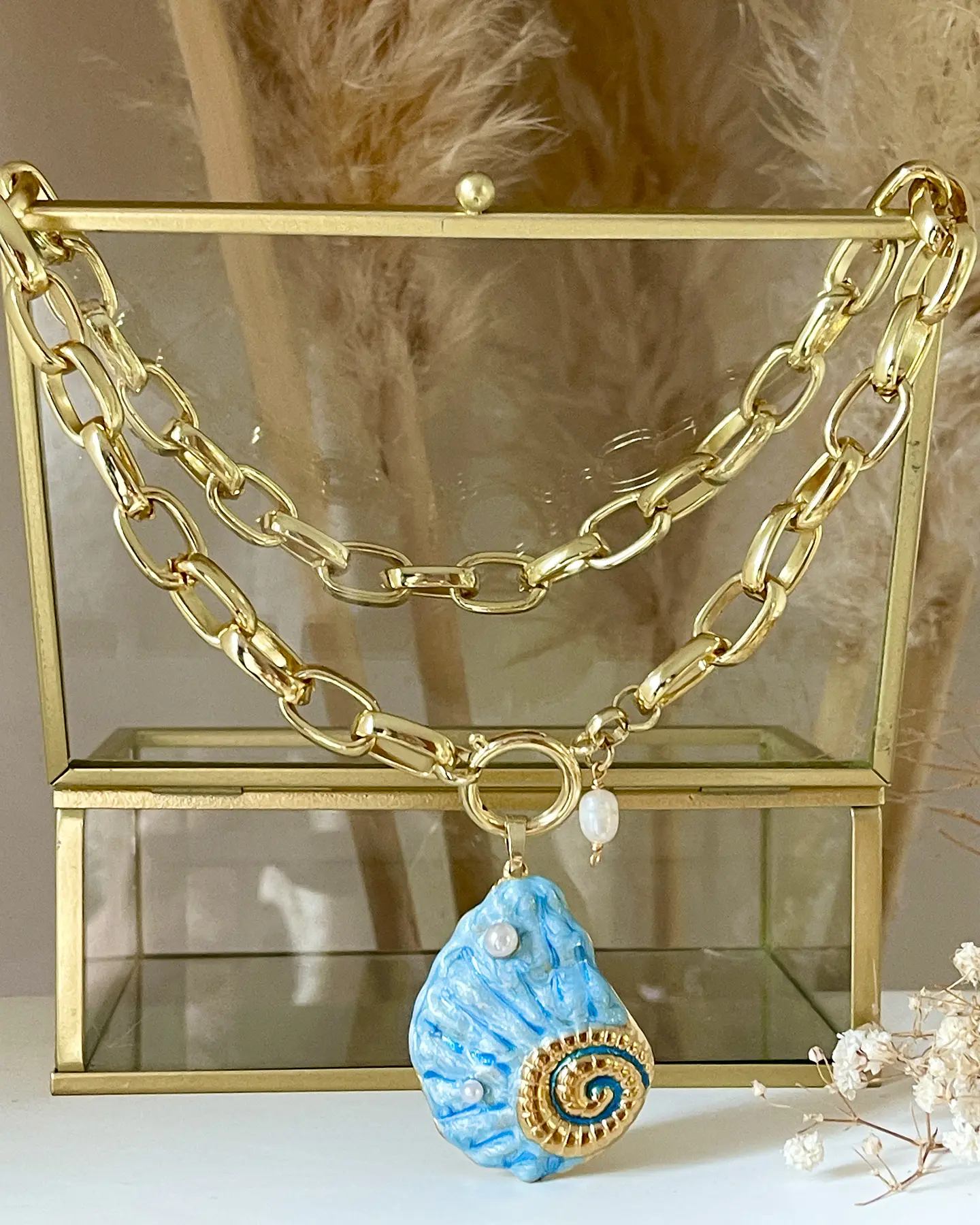 Collar Maxi Caracola Blue Perlas Gold 4