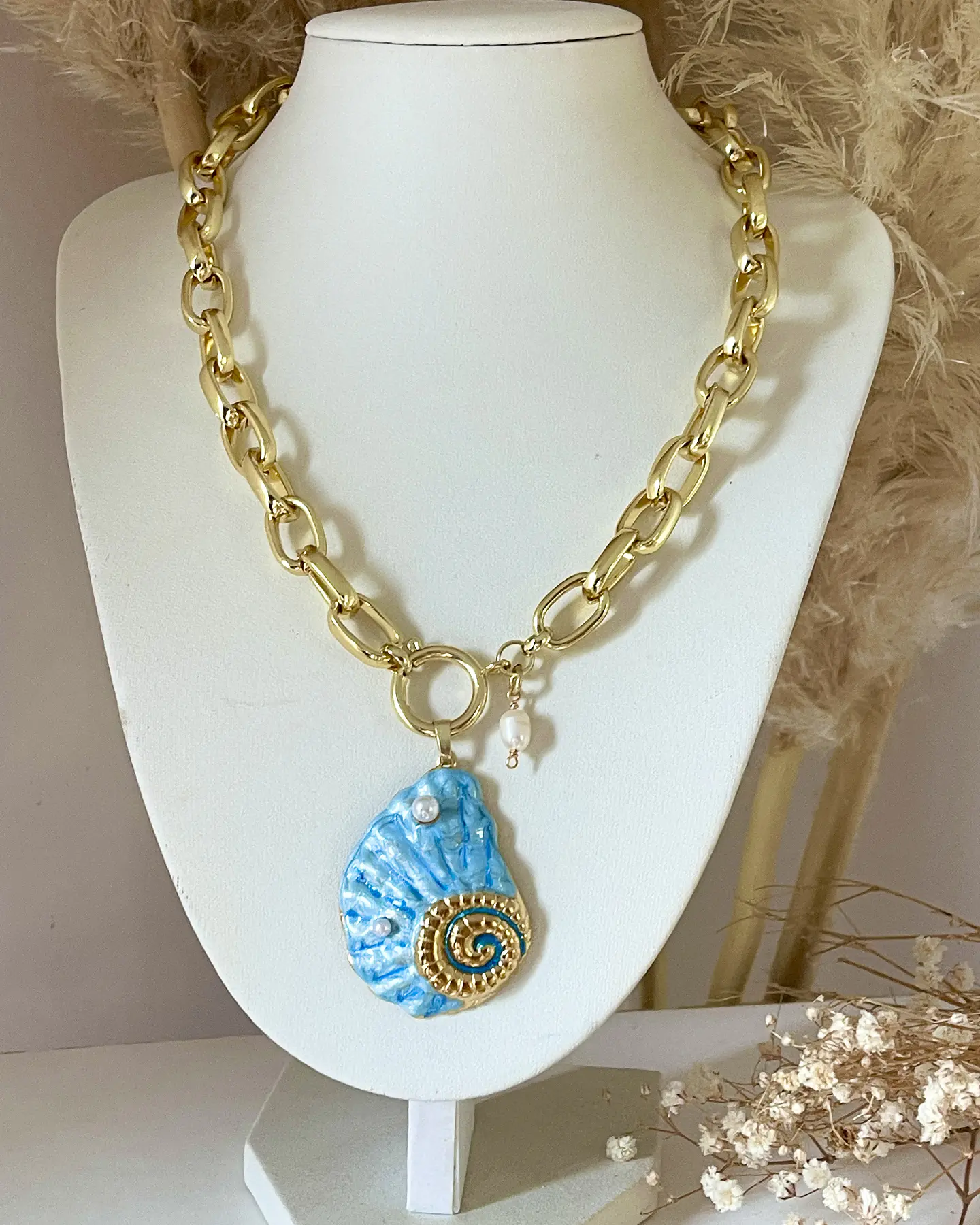 Collar Maxi Caracola Blue Perlas Gold 7