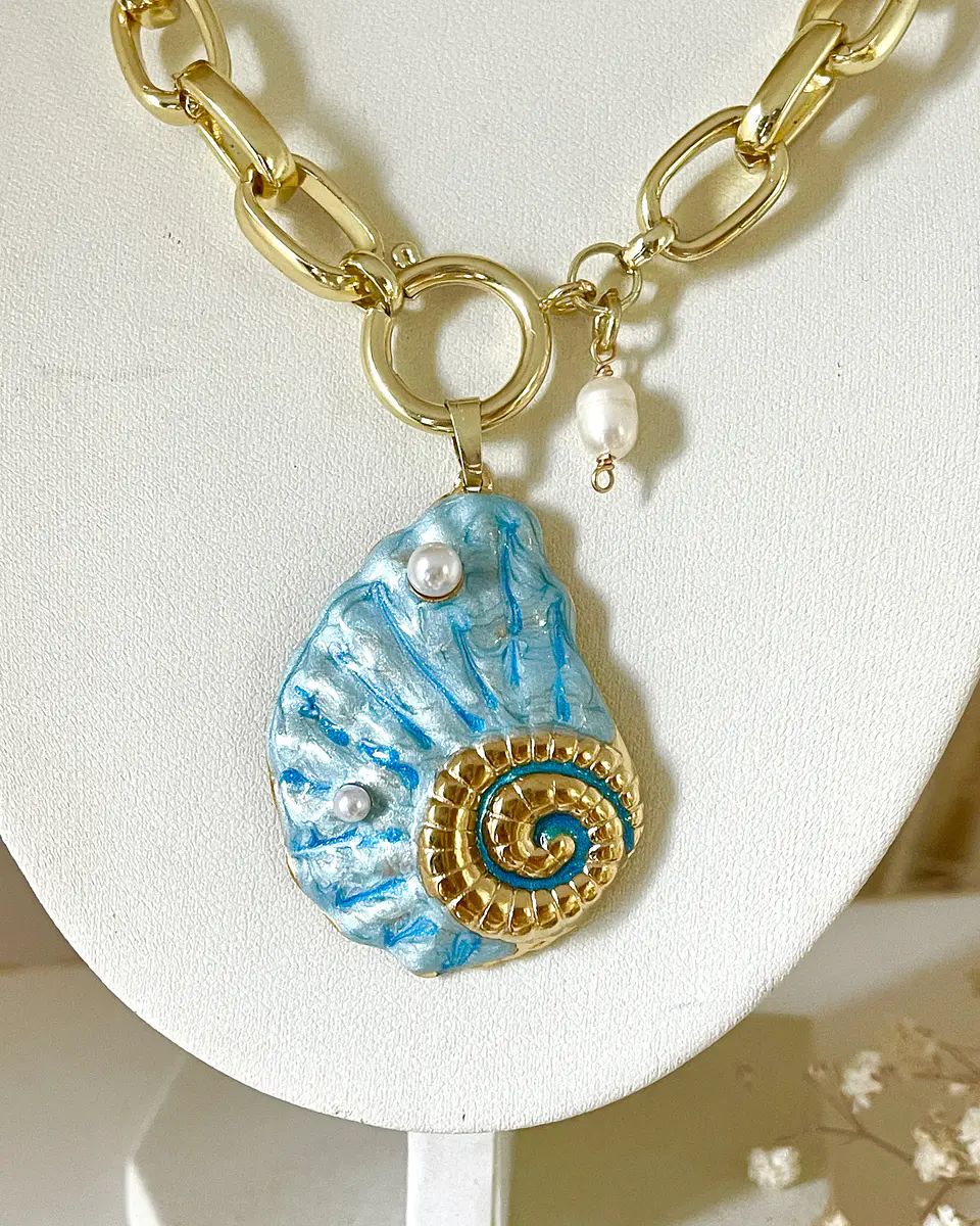 Collar Maxi Caracola Blue Perlas Gold 9