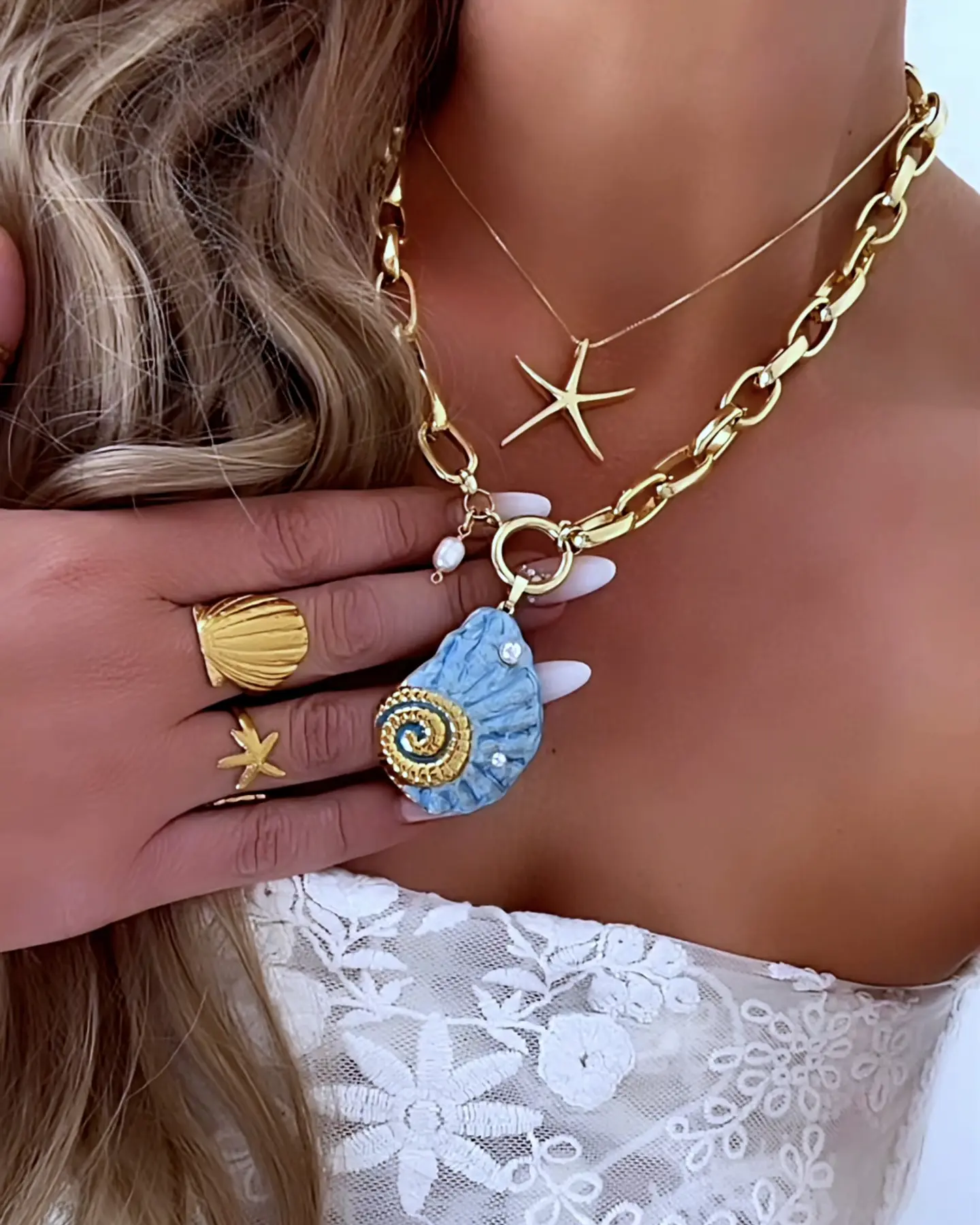 Collar Maxi Caracola Blue Perlas Gold 5