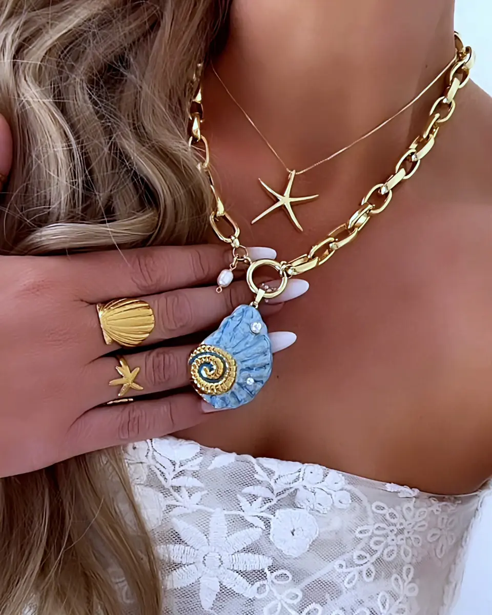 Collar Maxi Caracola Blue Perlas Gold 5