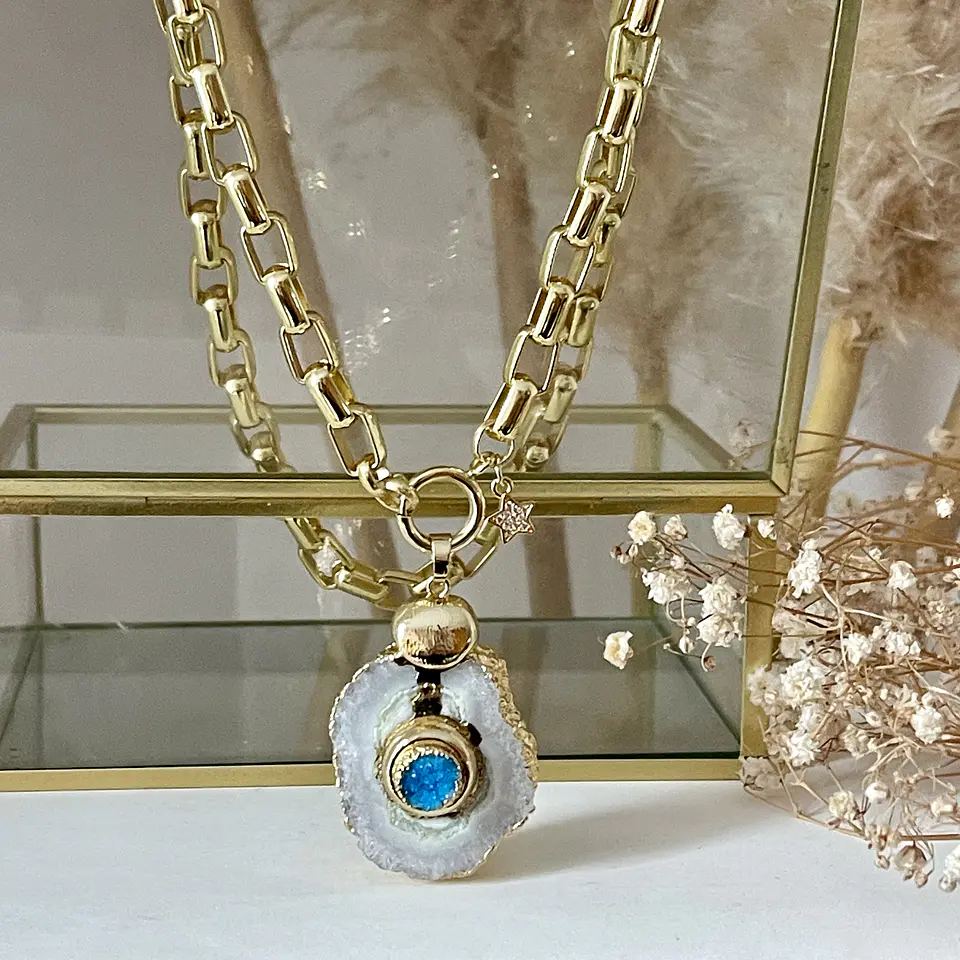 Collar Cuarzo Drusa Aqua eslabones rectangulares gold  1