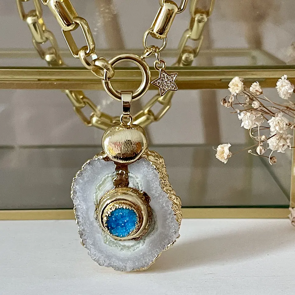 Collar Cuarzo Drusa Aqua eslabones rectangulares gold  2