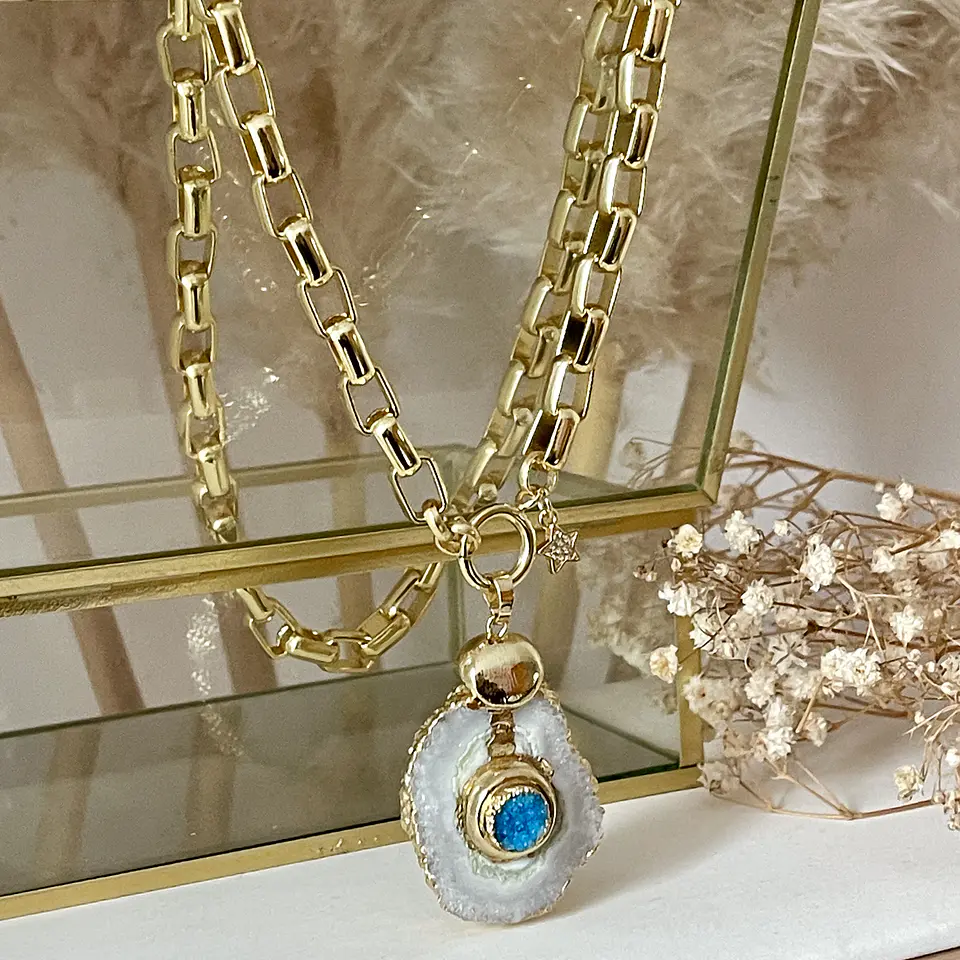 Collar Cuarzo Drusa Aqua eslabones rectangulares gold  3