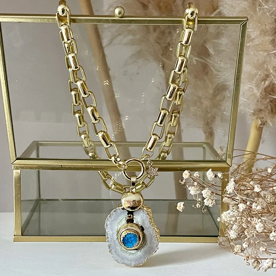 Collar Cuarzo Drusa Aqua eslabones rectangulares gold  4