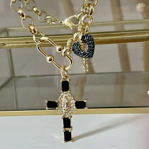 Collar Cruz Virgen Onyx Gold
