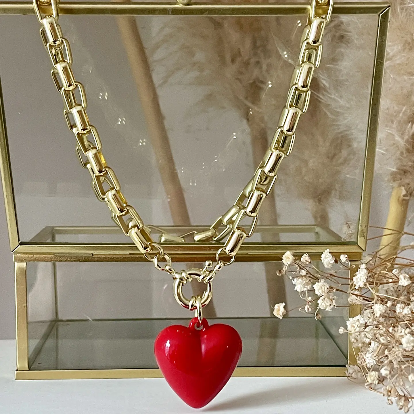 Collar Cuore Rosso Eslabones rectangulares Gold  1