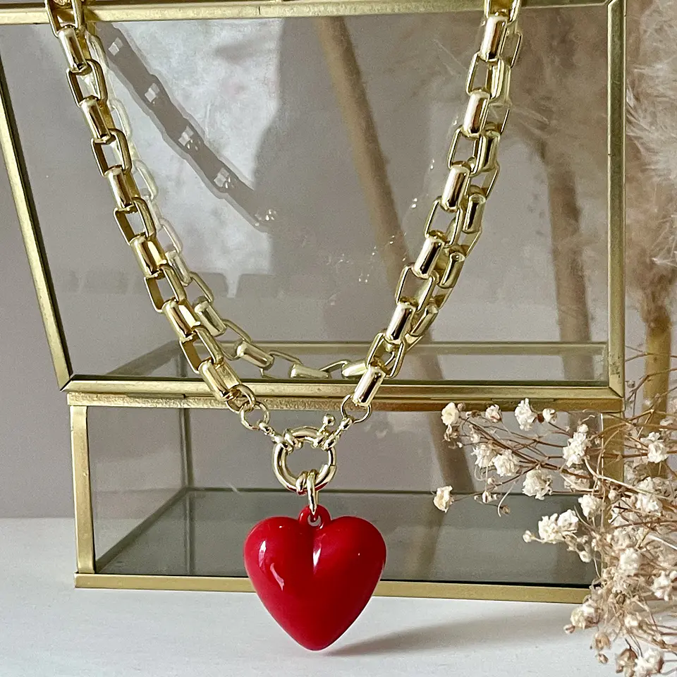 Collar Cuore Rosso Eslabones rectangulares Gold  5