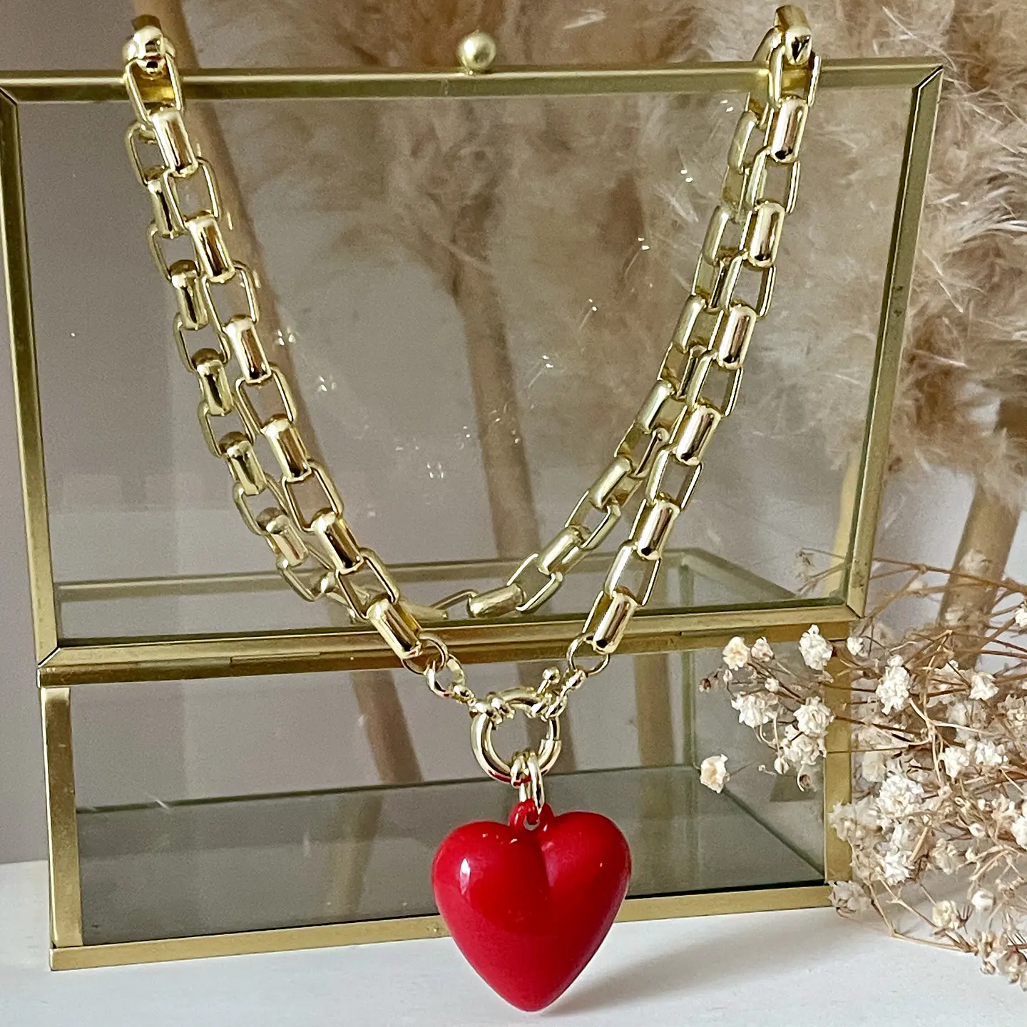 Collar Cuore Rosso Eslabones rectangulares Gold  6