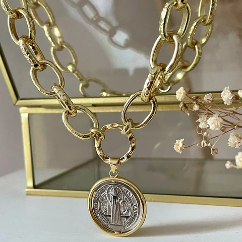 Collar Maxi eslabones Medalla San Benito Silver Gold