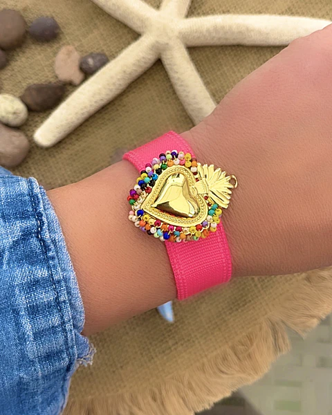Pulsera Tejida Corazón detente Fucsia Gold 