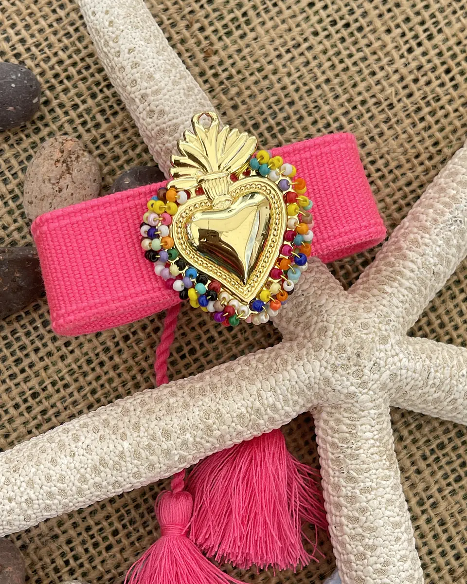 Pulsera Tejida Corazón detente Fucsia Gold  2