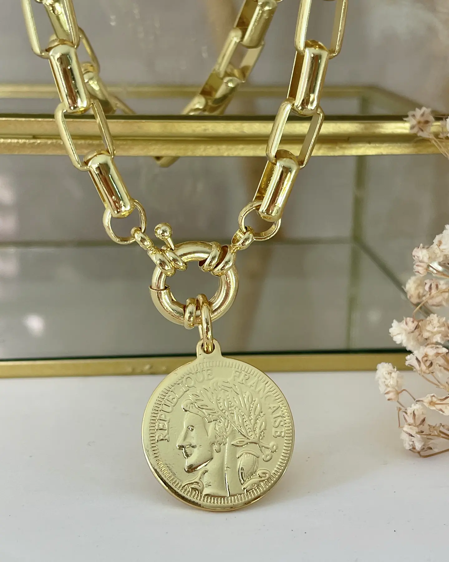 Collar Moneda Francesa Eslabones rectangulares gold 3