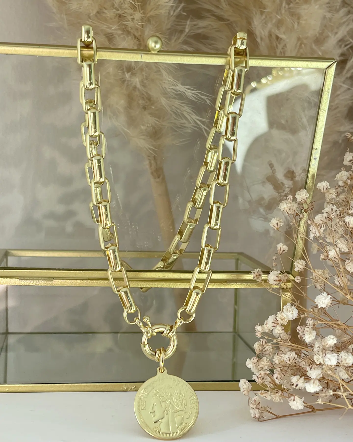 Collar Moneda Francesa Eslabones rectangulares gold 6
