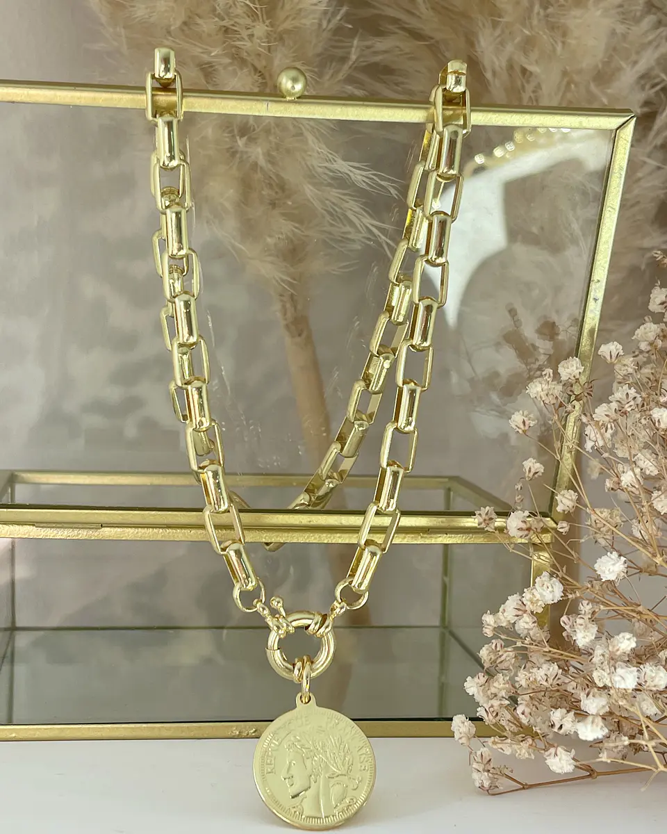 Collar Moneda Francesa Eslabones rectangulares gold 6