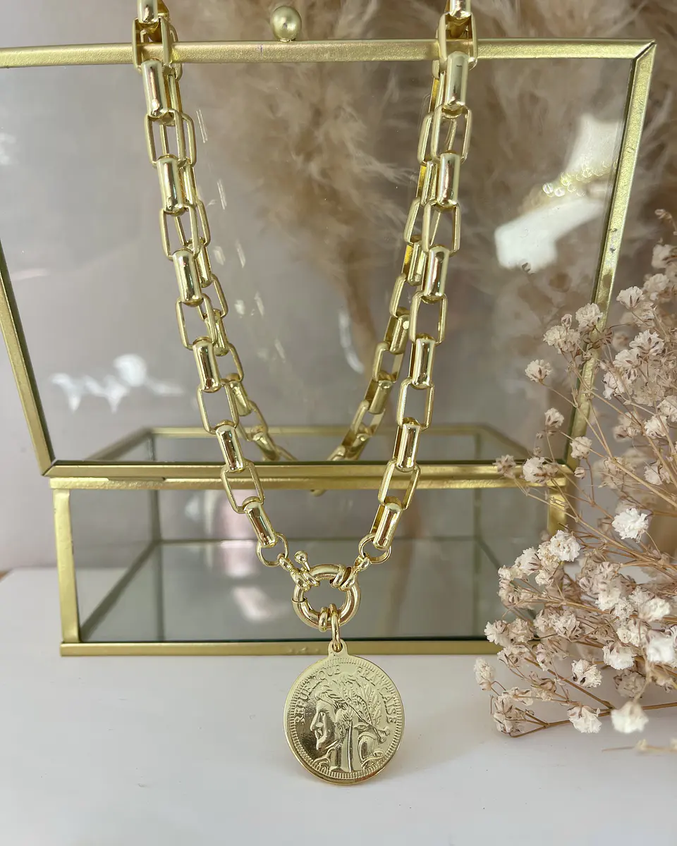 Collar Moneda Francesa Eslabones rectangulares gold 7