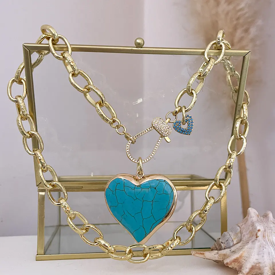 Collar Maxi Corazón Turquesa Broche Luxury Gold 6