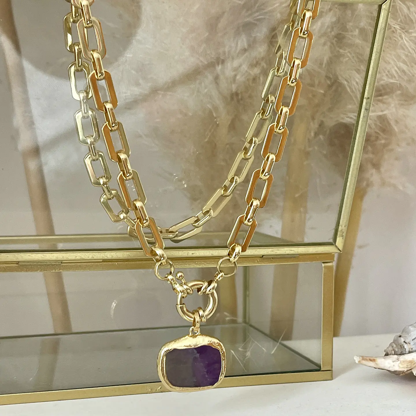 Collar Amatista facetada eslabones aplanados gold 1