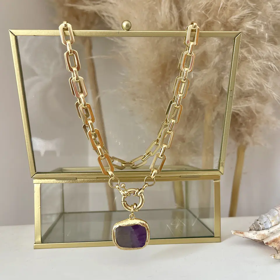 Collar Amatista facetada eslabones aplanados gold 4
