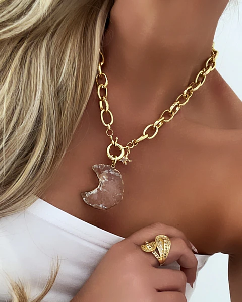 Collar XL Maxi Luna Cuarzo Maxi Eslabones gold