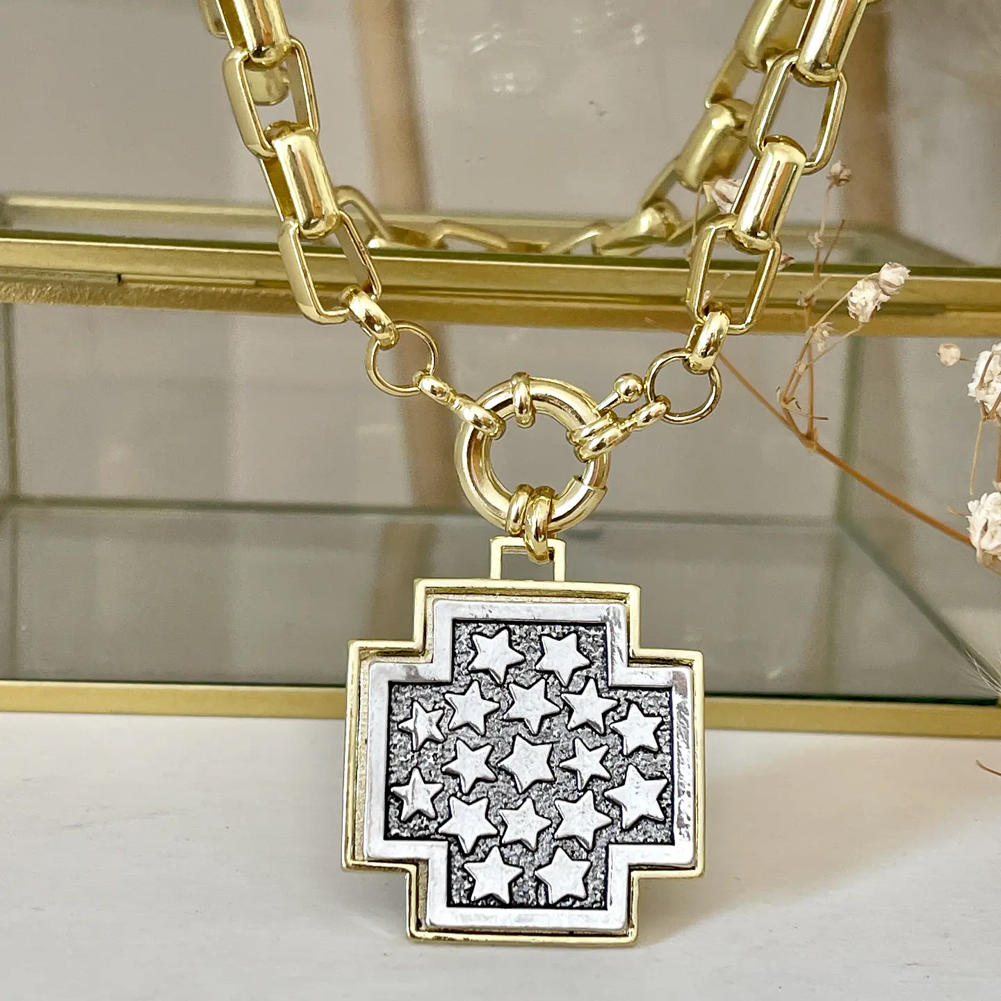 Collar Maxi Cruz Cuadrada Estrellas Silver & Gold 4