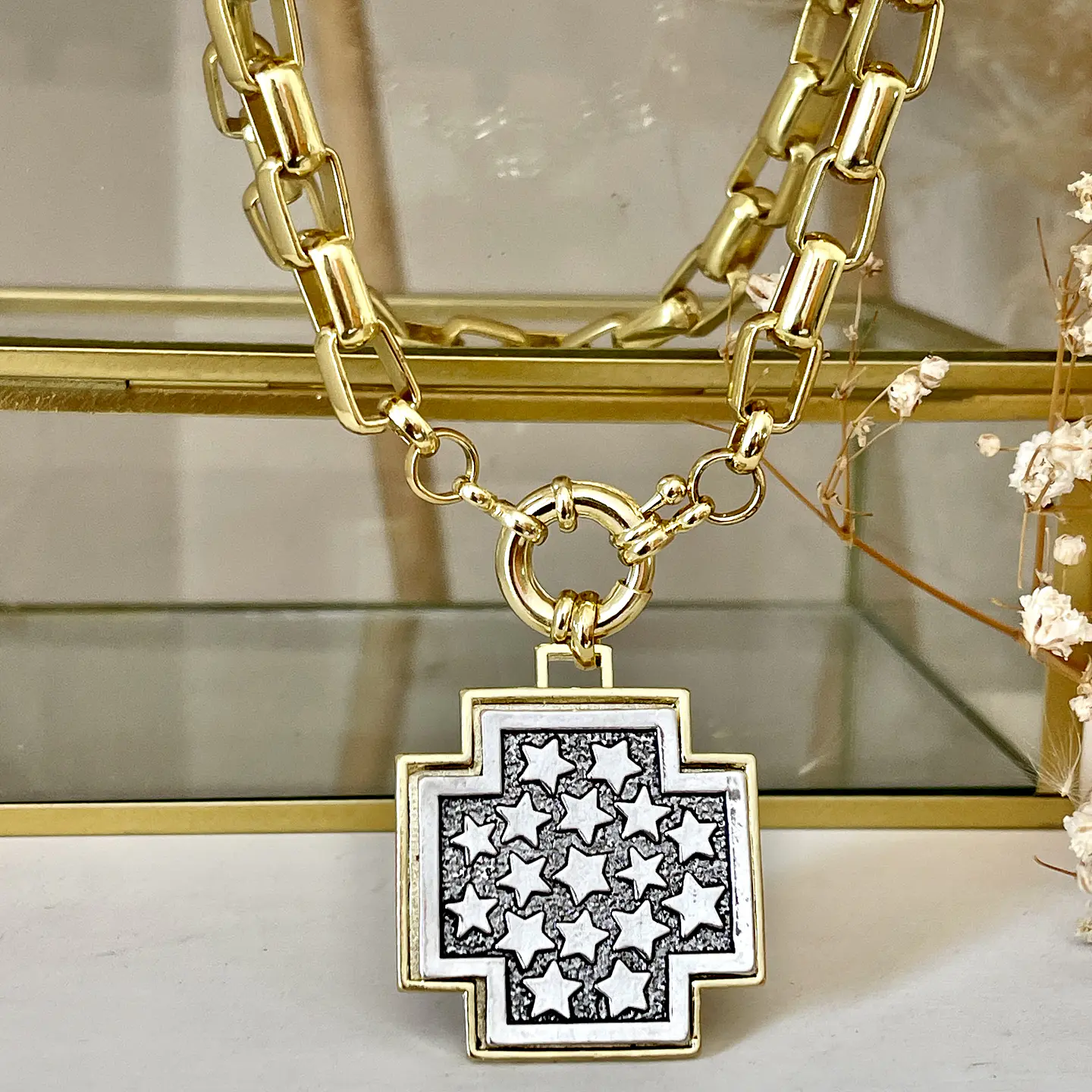 Collar Maxi Cruz Cuadrada Estrellas Silver & Gold 7