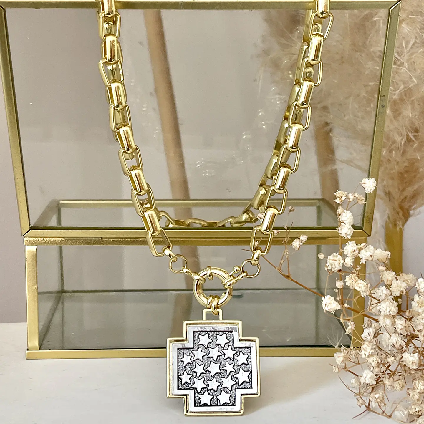 Collar Maxi Cruz Cuadrada Estrellas Silver & Gold 2