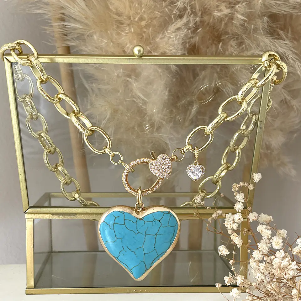 Collar Maxi Corazón Turquesa Broche Luxury Gold 1