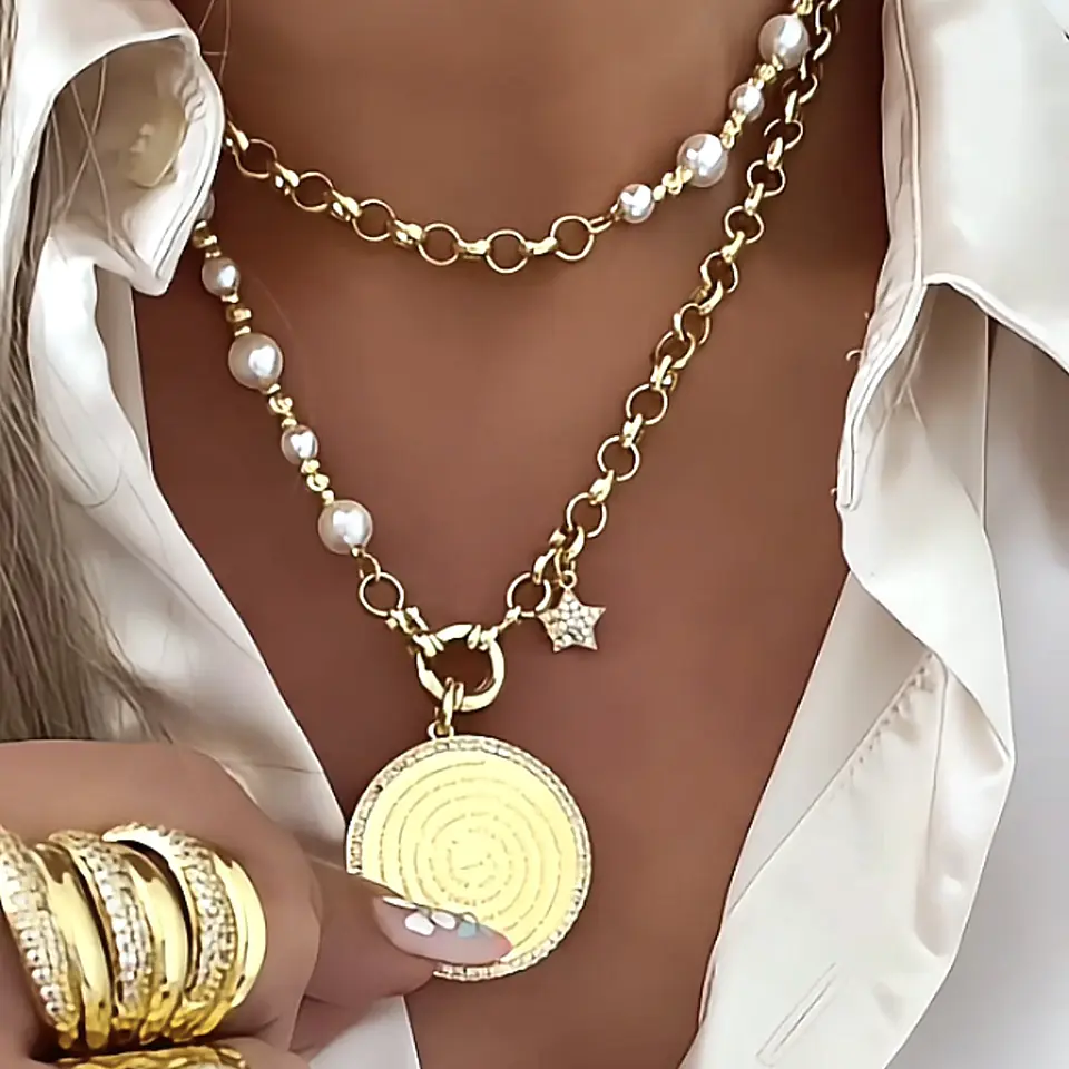 Collar XL Medallón Padre Nuestro Perlas gold 3