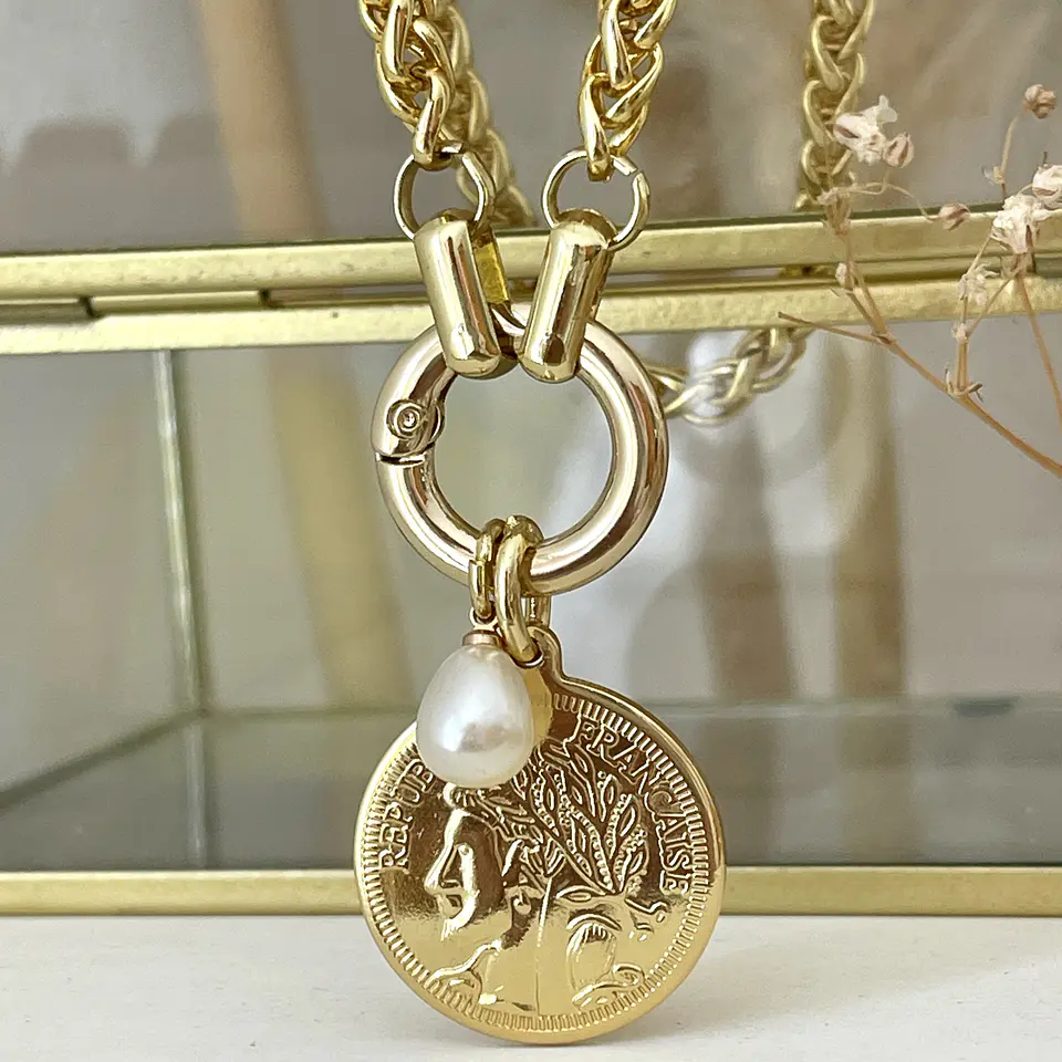 Collar Moneda Francesa Cordón Trigo enchapado gold 1