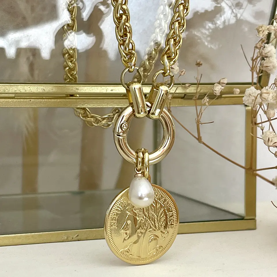 Collar Moneda Francesa Cordón Trigo enchapado gold 5