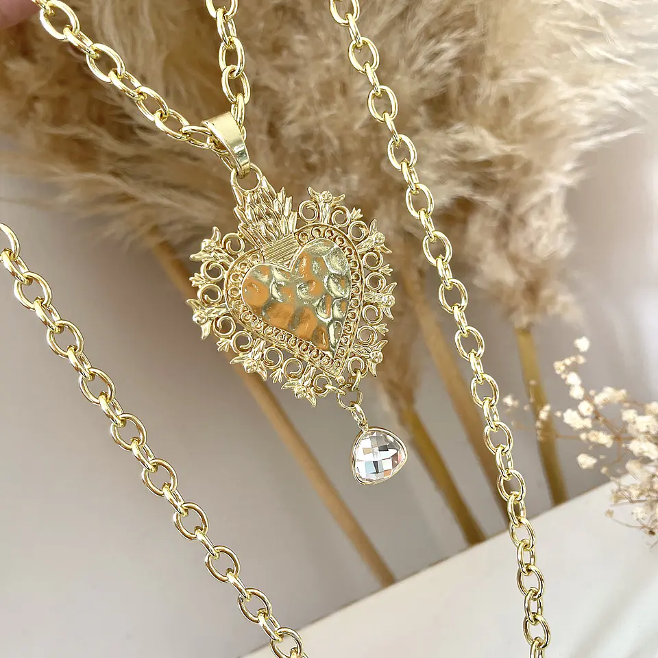 Collar XL Maxi Corazón Barroco y Cristal Broche full circones gold  3