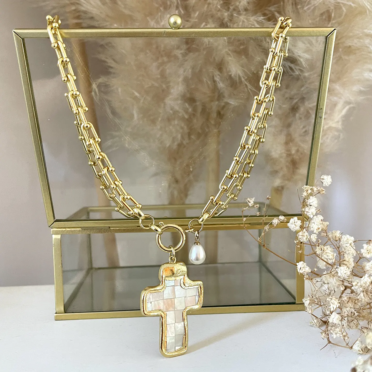 Collar Maxi Cruz Nácar Eslabones Tiffany Gold 4
