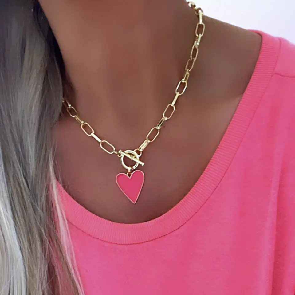 Collar Corazón Fucsia Esmaltado Gold 6