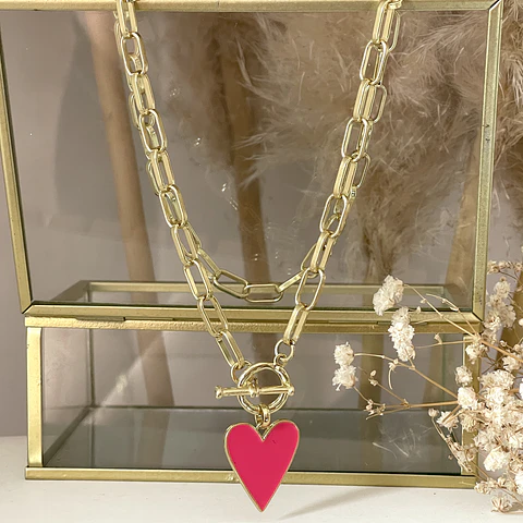 Collar Corazón Fucsia Esmaltado Gold