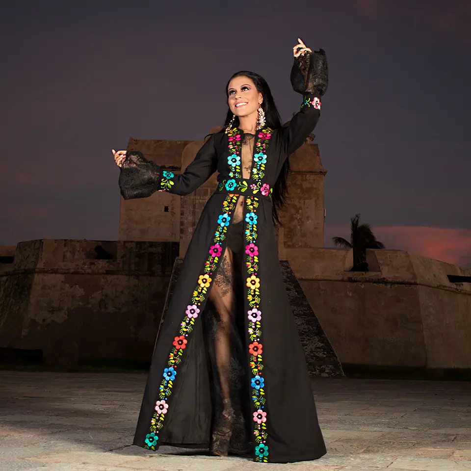 Vestido negro bordado tipo caftan con manga larga  y fondo de encaje 1