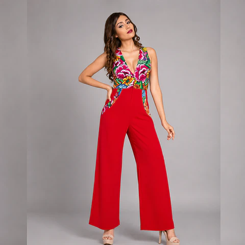 Palazzo con estampado mexicano, tela de algodón. cierre frontal, bolsas laterales.