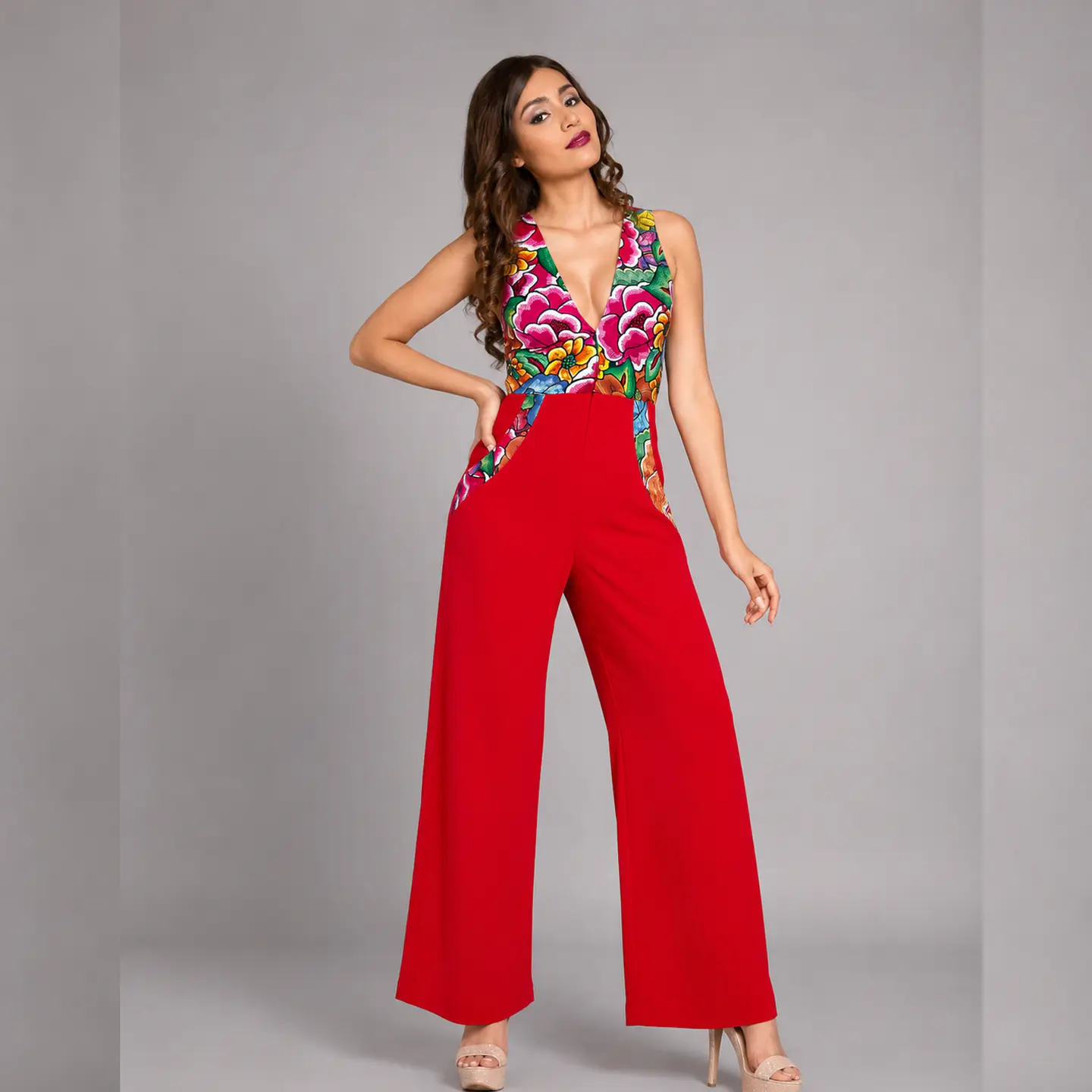 Palazzo con estampado mexicano, tela de algodón. cierre frontal, bolsas laterales. 1