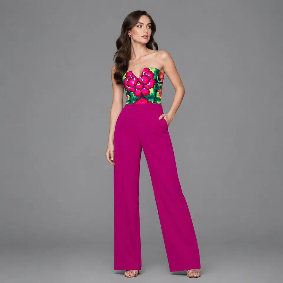 Palazzo de algodón con estampado mexicano, pantalón corte recto, bolsas laterales, cierre lateral, escote straple. 1