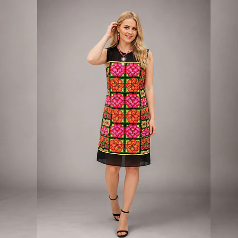 Vestido estampado textil de flores etnomexicano, sin margas, escote de gasa.