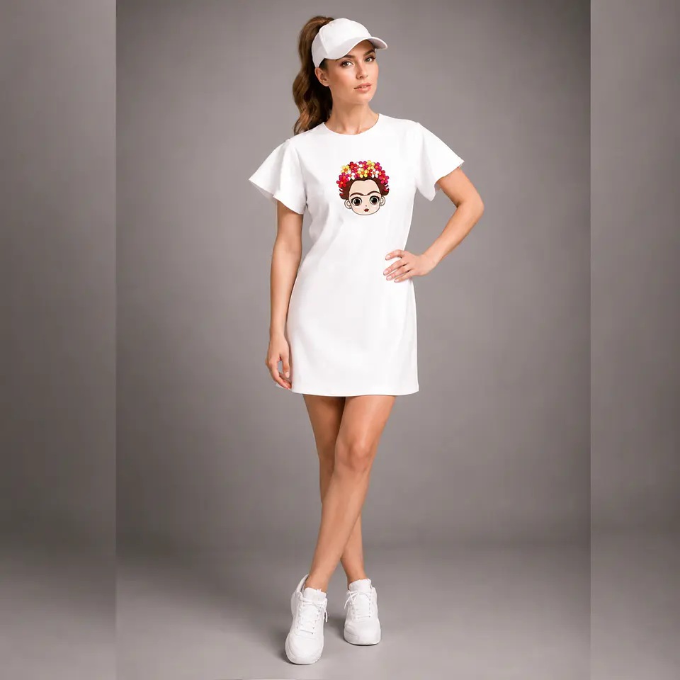 Vestido de algodón, con bordado de frida joven al frente. Largo arriba de la rodilla. 1