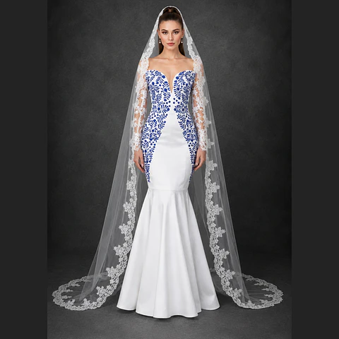 Vestido de Novia bordado artesanal. Corte sirena, manga de encaje. (NO INCLUYE MANTILLA).