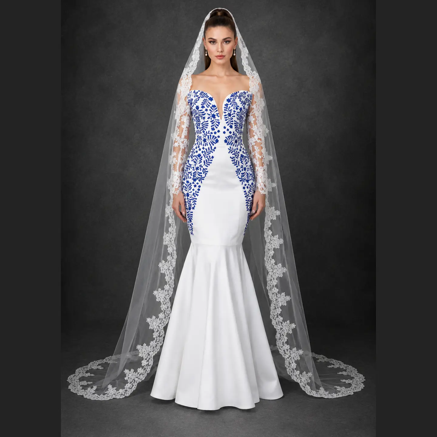 Vestido de Novia bordado artesanal. Corte sirena, manga de encaje. (NO INCLUYE MANTILLA). 1