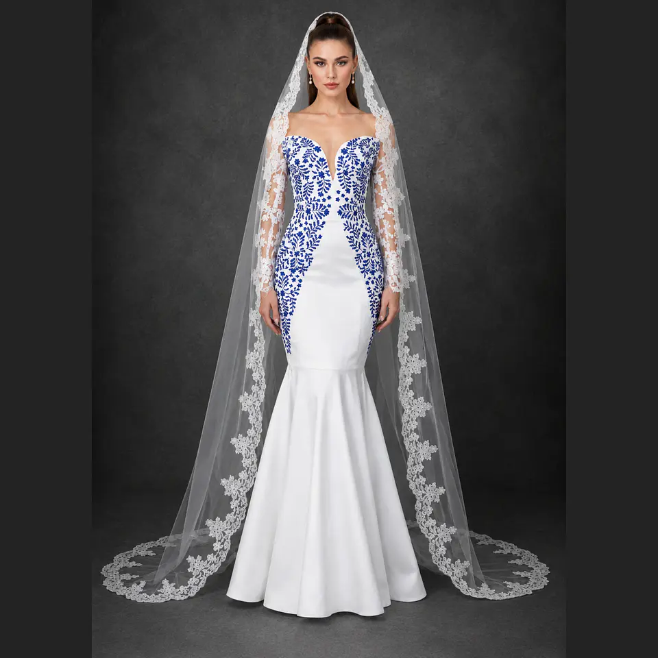 Vestido de Novia bordado artesanal. Corte sirena, manga de encaje. (NO INCLUYE MANTILLA). 1