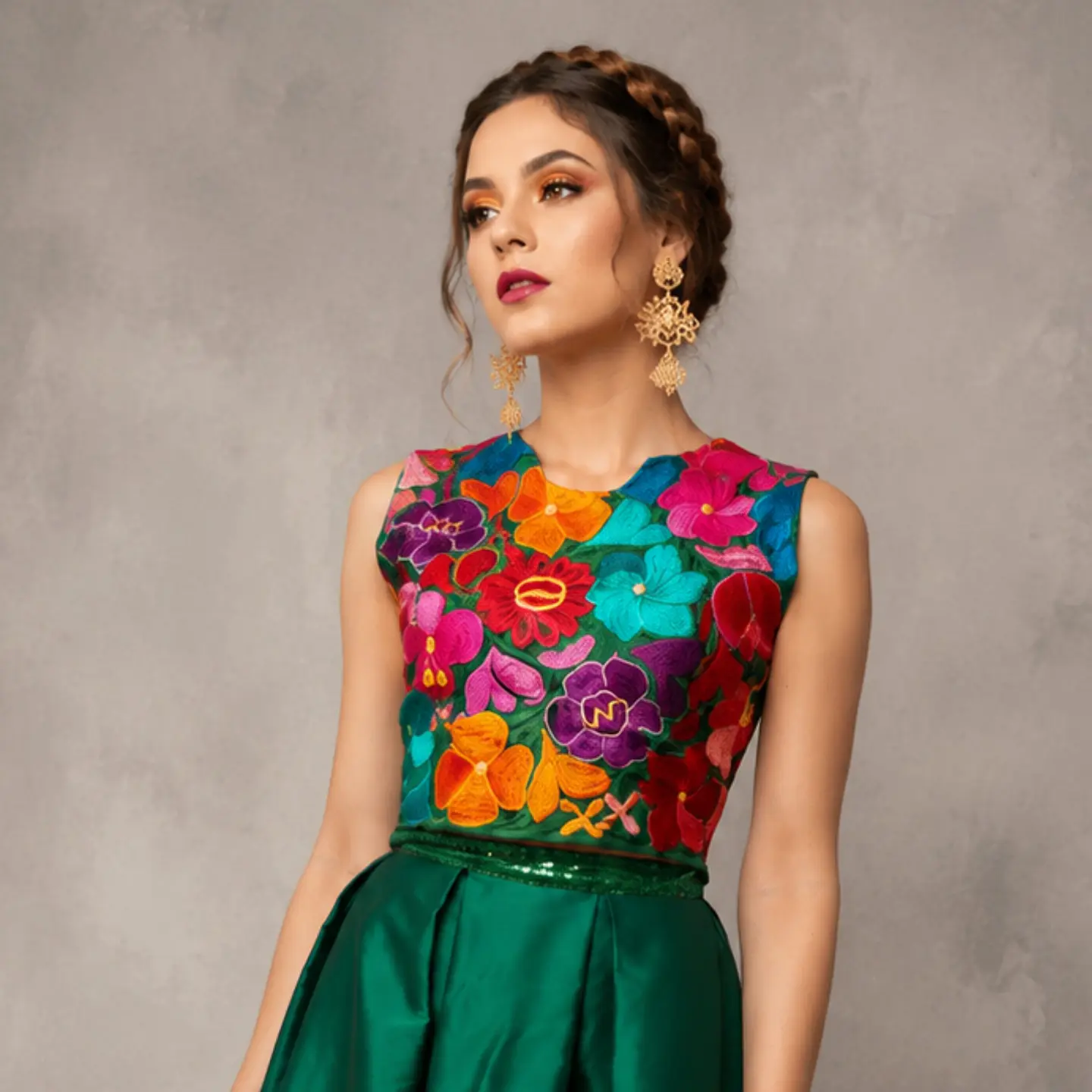 Conjunto de blusa bordada y falda de tablones. 2