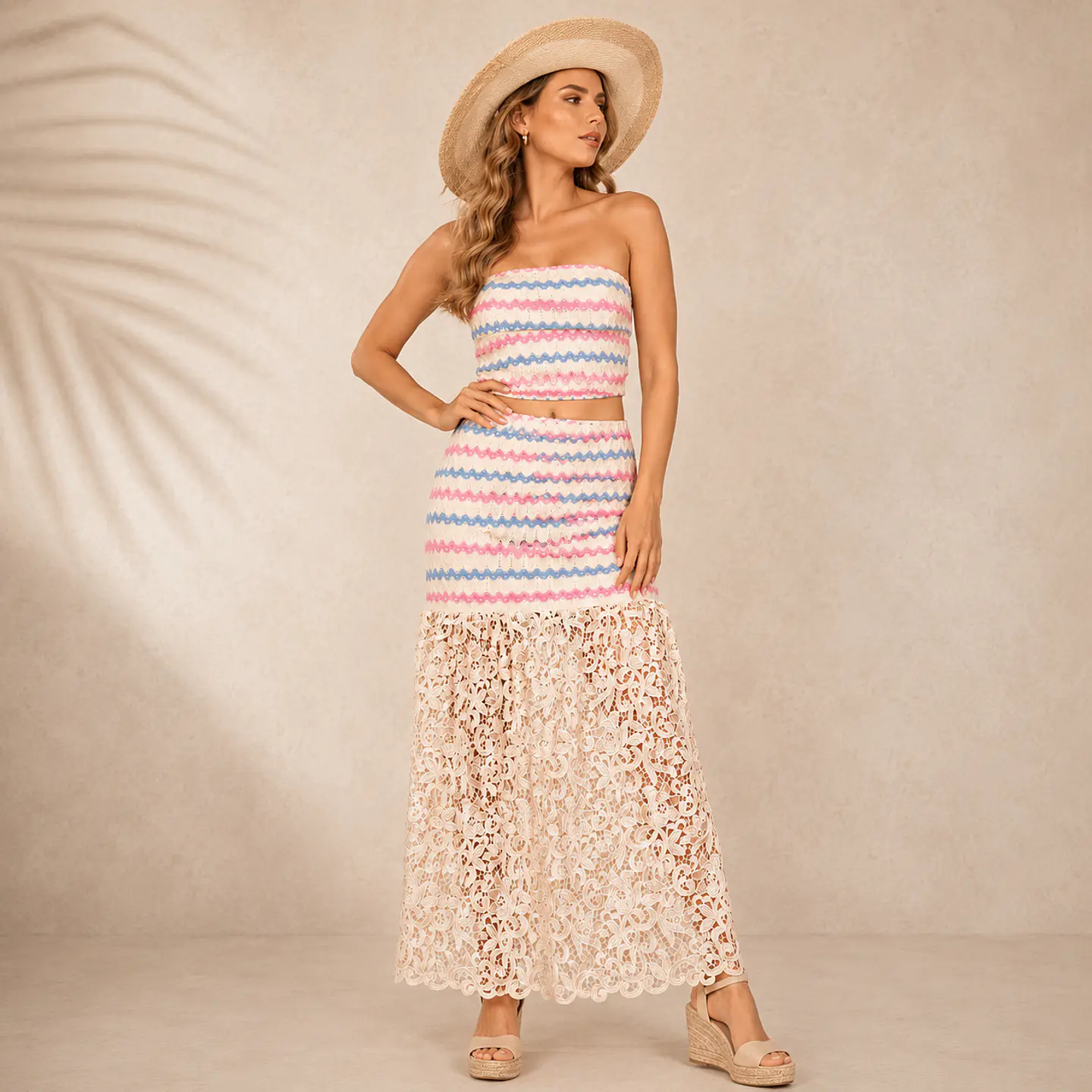 Conjunto de Falda y Blusa de encaje de telar y guipiur escote straple 1