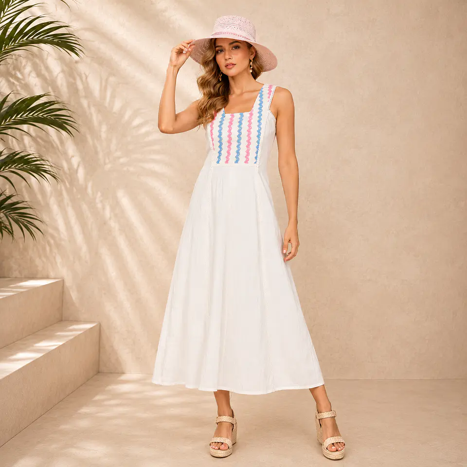 Vestido largo de algodon linea A con encaje de telar 1