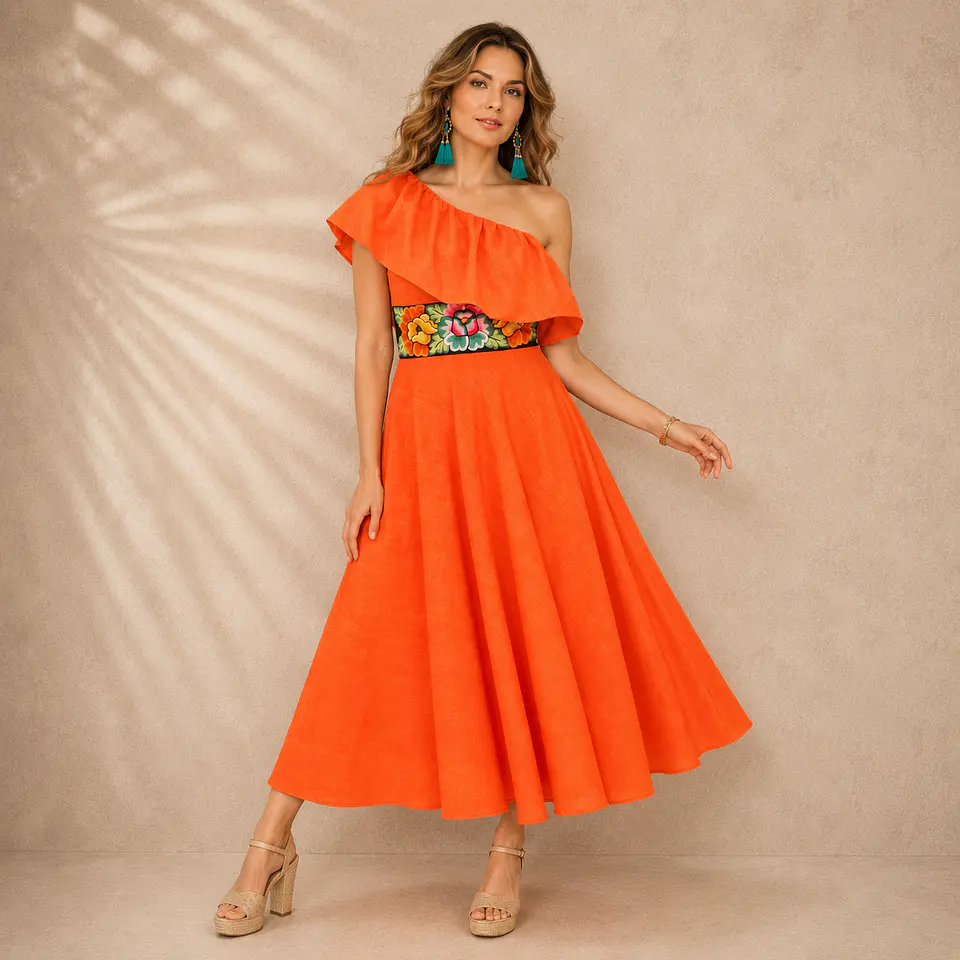 Vestido de lino con cenefa bordada escote un hombro y olan en escote 1