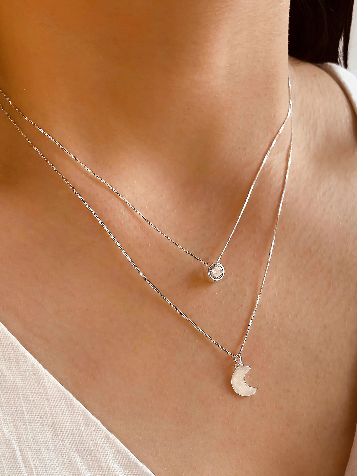 Collar Doble Luna y Punto Luz Plata 925 1