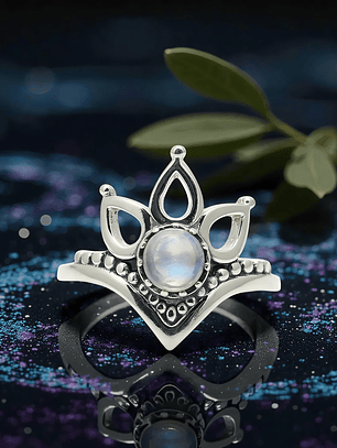 Anillo Flor Loto Piedra Luna Plata 925